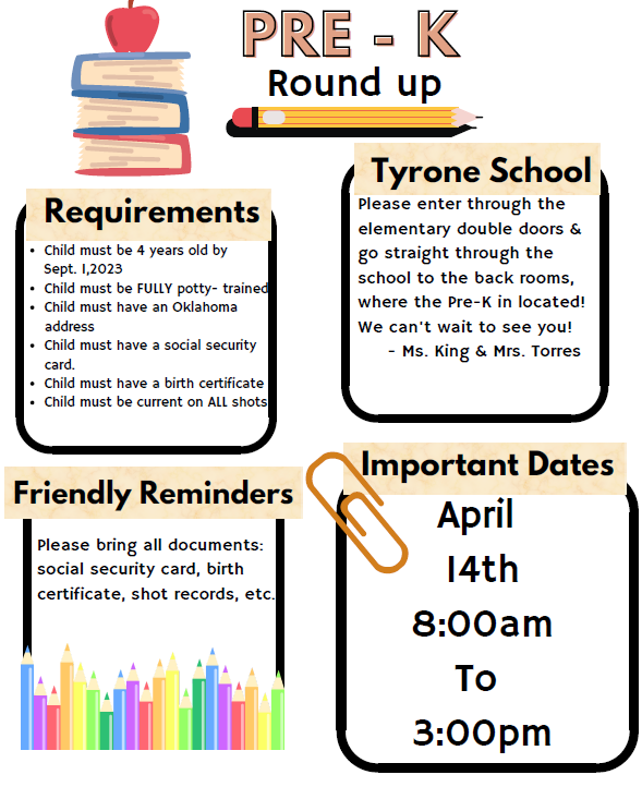 Pre-K Round Up Flyer. 2023-2024 Pre-K early enrollment is April 14th from 8 am to 3 pm.