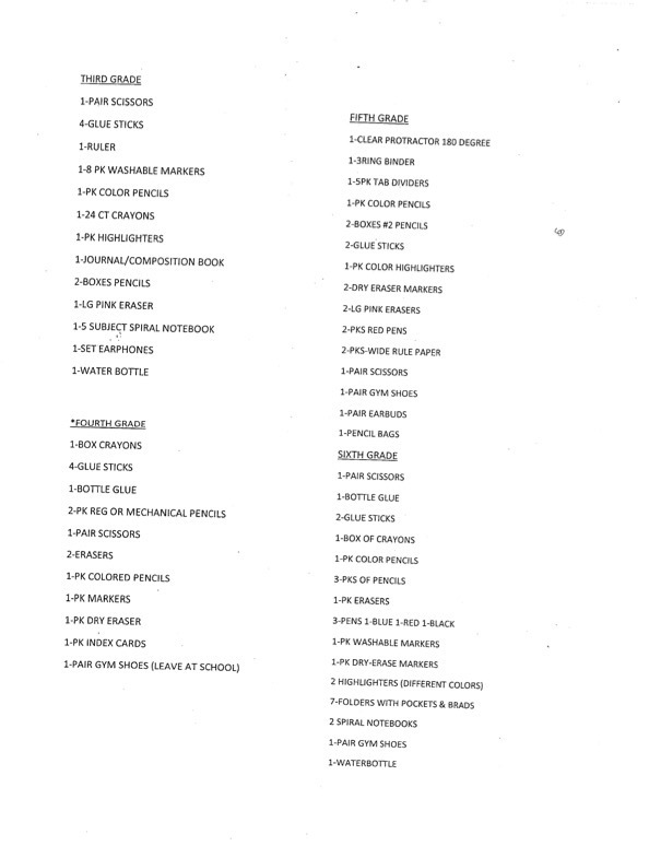 Supply Lists for grades 3 - 6