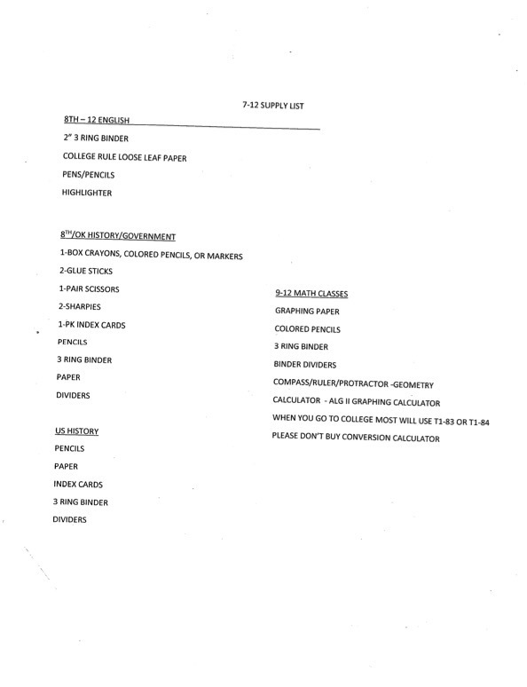Supply Lists for JH and HS